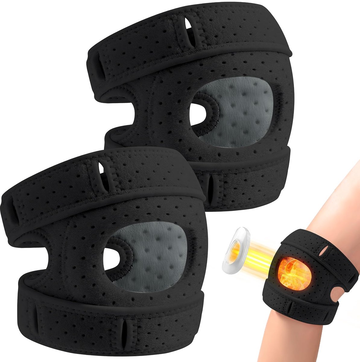 2 stuks patella kniebandage, verstelbaar met siliconen bescherming, uniseks, voor pijnverlichting en sport (zwart, L)