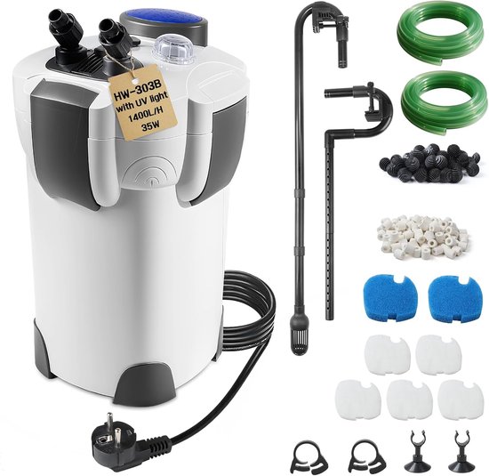 Buitenfilter aquarium met uv-lamp, 1400 l/u, 35 W filter voor aquaria tot 300 liter, instelbaar aquariumfilter, krachtige 3-traps canisterfilter, kamerfilter met filtermateriaal sl