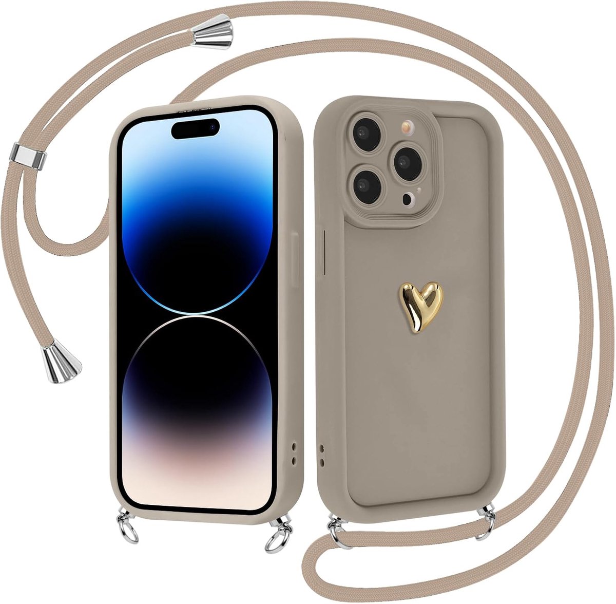 Beschermhoesje met koord voor iPhone 16 Pro Max 6,9 inch, bruine siliconen beschermhoes esthetisch meisjesmodel liefde goud 3D schattige designs halsketting camerabescherming stootvast