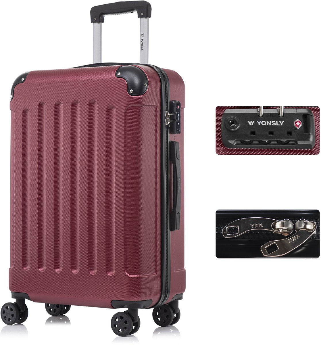YONSLY Handbagage Koffer - 66cm - 66 L - TSA Slot - 360° Draaibare Wielen - Trolley - Wijnrood