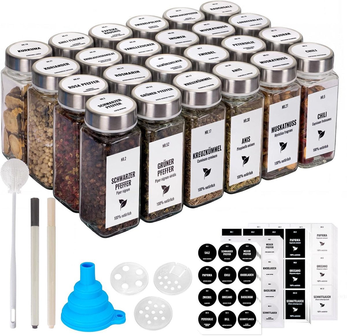 24 stuks kruidenpotjes van glas, 120 ml, kruidenpotjes met zeef en deksel van roestvrij staal, kruidenpotje, glas met etiketten, trechter, borstel voor het bewaren van specerijen en keuken