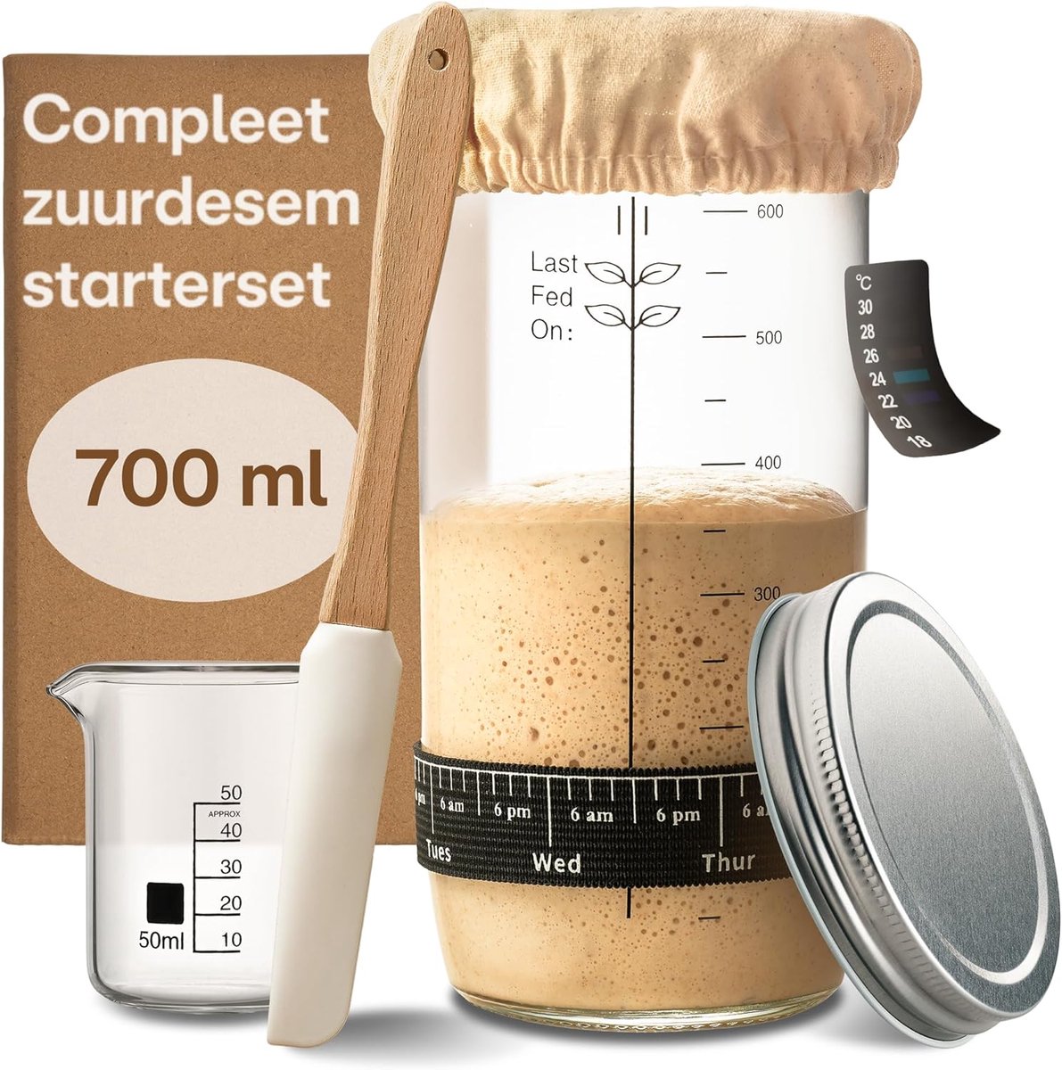 Zuurdesem Starter Kit van Glas (700ml) Compleet set met gids voor beginners & thuis bakken – Perfect als cadeau | Geschikt voor beginners, voor het bakken van deeg en brood thuis
