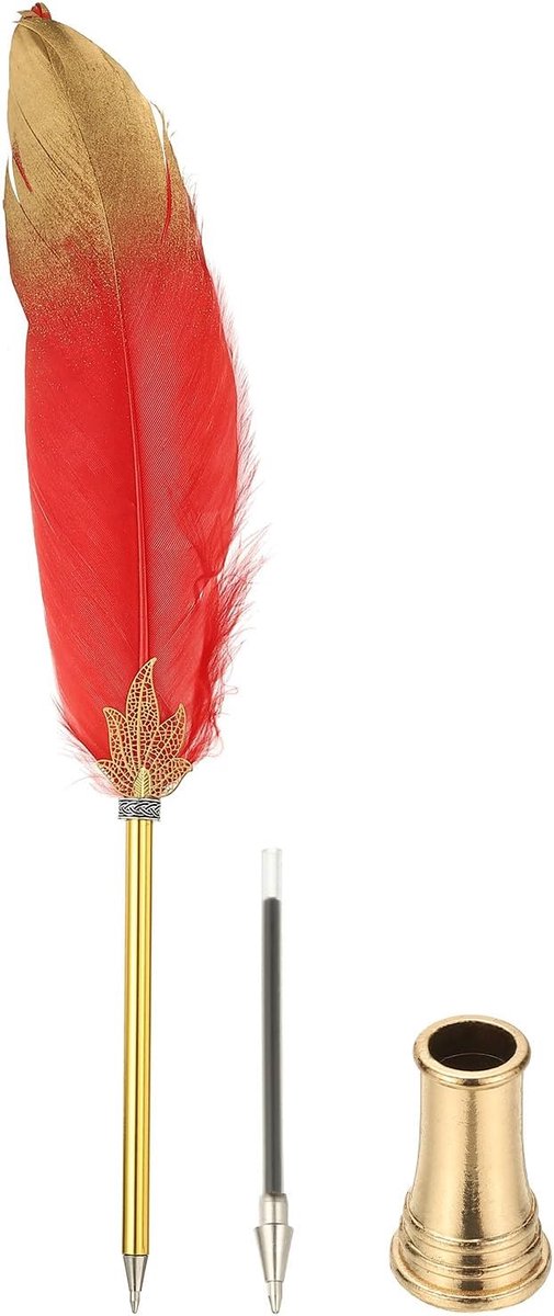 Veren Pen Quill, Veer Balpen Bulk Geraffineerde Vintage Veer Kalligrafie Pen met Gouden Pen Houder voor Gast Handtekening Bruiloft Bruids Kantoor Schrijven, Rood