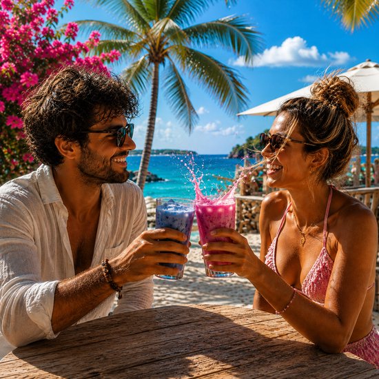 Een koppel met zonnebrillen proost met roze en blauwe drankjes op een strand, met de oceaan en palmbomen op de achtergrond.