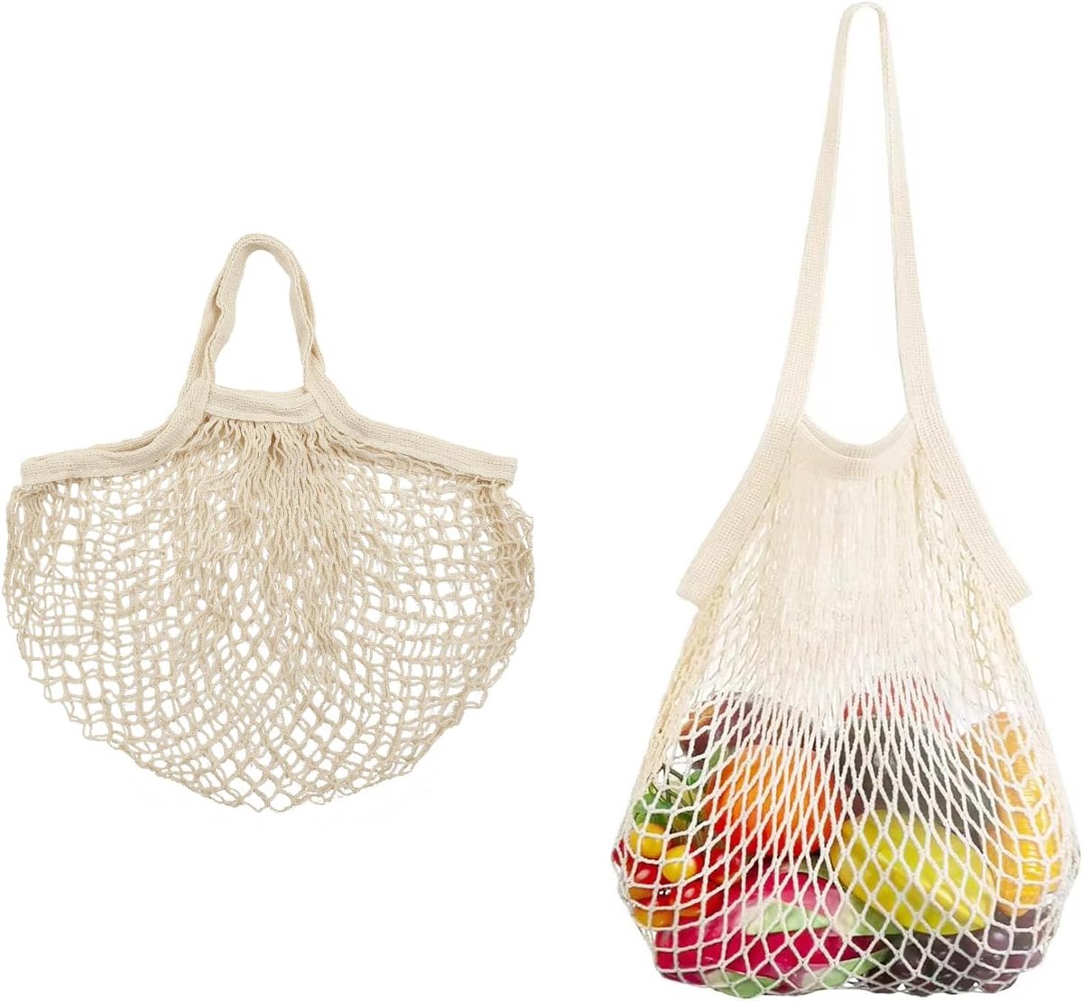 2 Pack Draagbare Katoenen Mesh Boodschappentassen Herbruikbare en Wasbare String Opslag Boodschappentas met Handvat Katoen Keuken Tote voor Fruit Groente Opslag