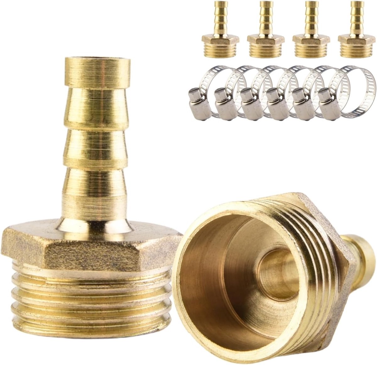 messing slangkoppelingen, 6 x 8 mm aansluitingen × 1/2" buitendraadpijpverbindingen, compleet met 6 slangklemmen, geschikt voor het aansluiten van gas, water en brandstof