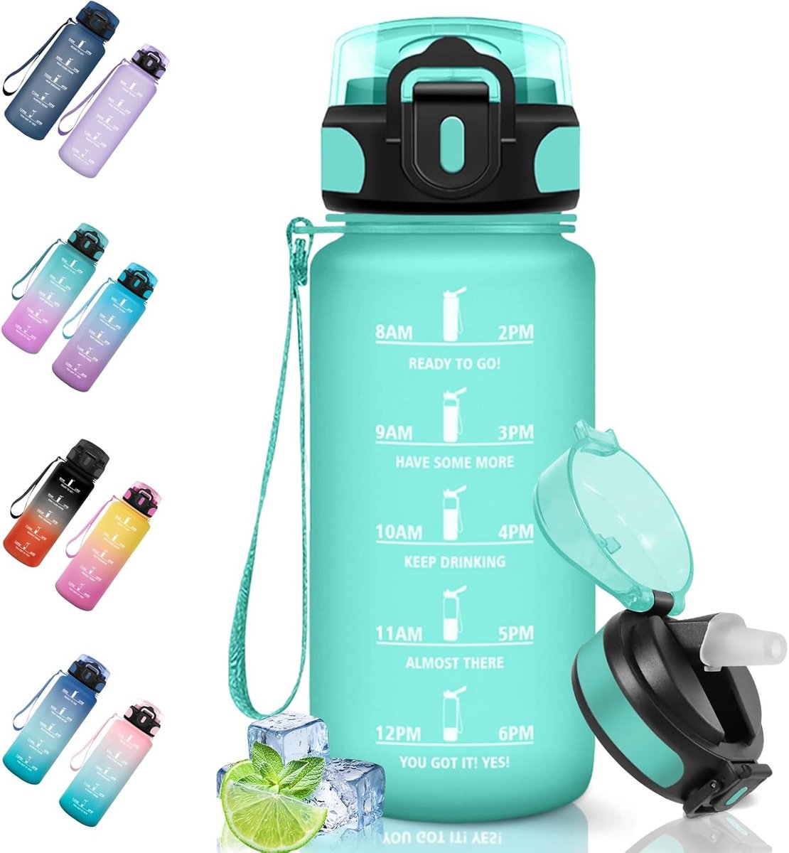Drinkfles, 500 ml BPA-Vrij, Drinkfles Met Rietje, Lekvrij, Sportfles, Geschikt voor Koolzuurhoudende Dranken, Waterfles voor Kinderen, Camping, Yoga, Sport, Outdoor, hardlopen, Blauwgroen