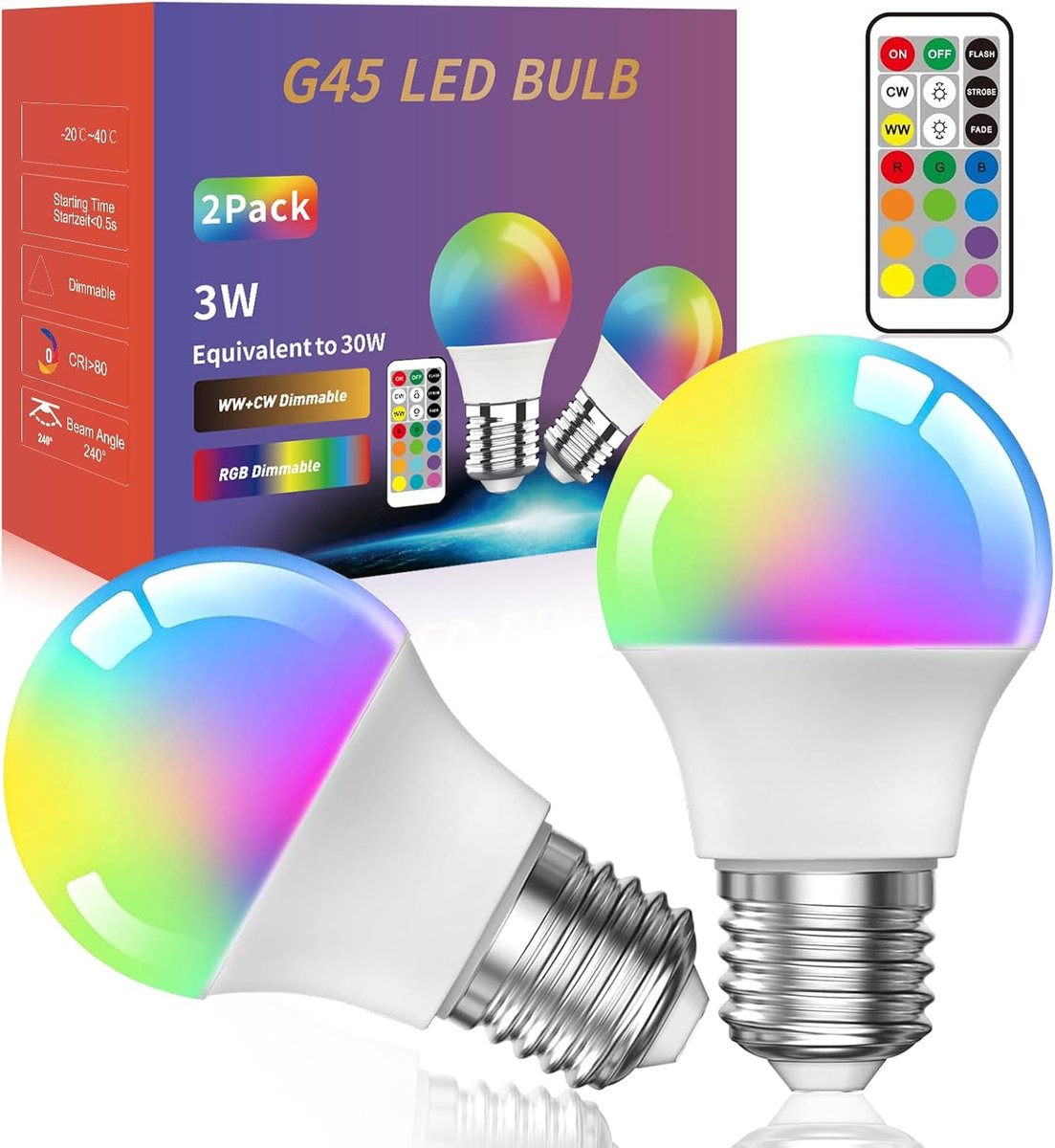 Gloeilamp met afstandsbediening, 3 W, G45, E27, dimbare meerkleurige Edison ledlamp met afstandsbediening, E27-schroeffitting, RGB + warmwit, geschikt voor dagelijkse verlichting en