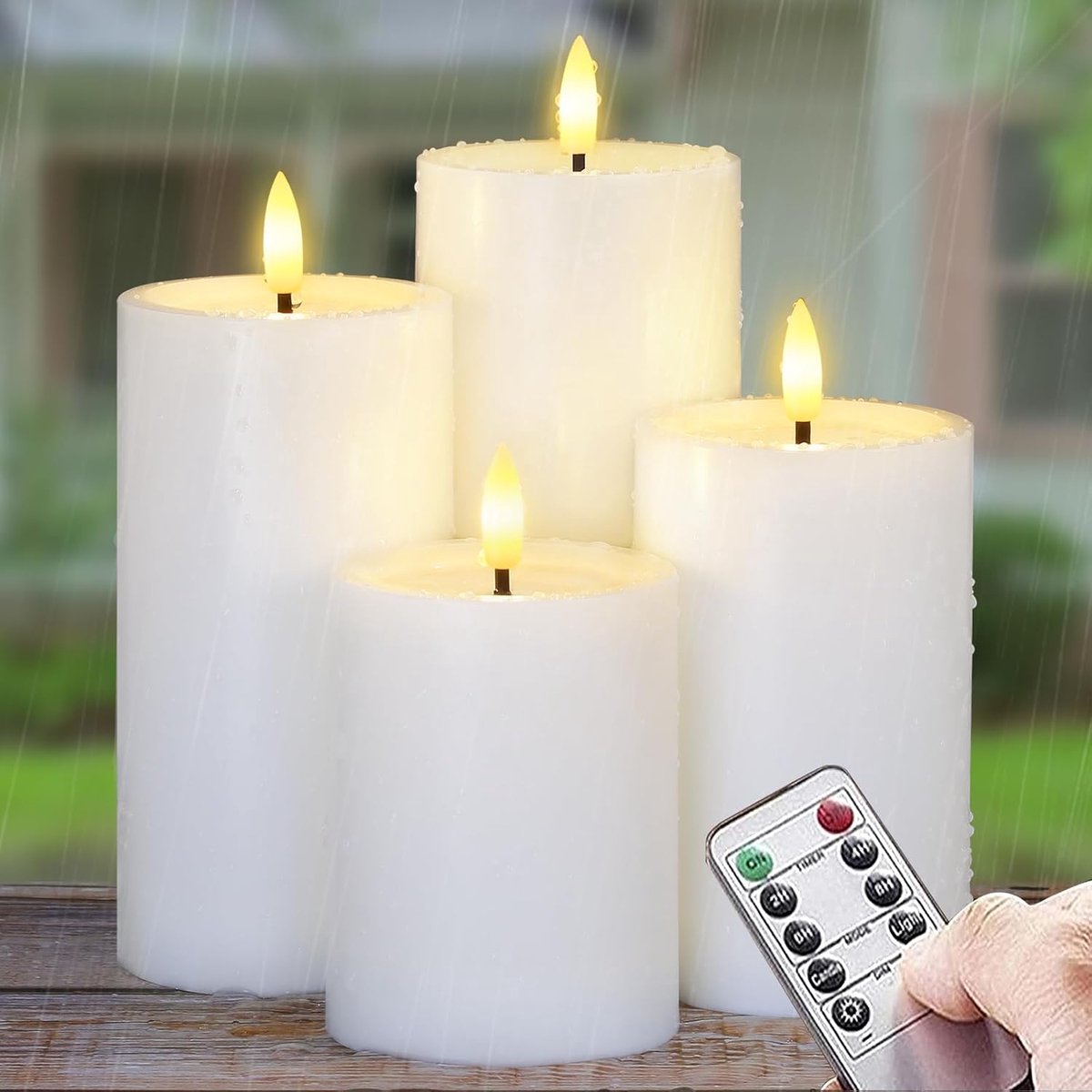 Buiten Set van 4 Vlamloze Waterdichte LED Kaarsen met Afstandsbediening, Timer Batterij Werkend Was Olie Effect Flikkerend Kunststof (Wit, 7,5 cm x10 12,5 15 17,5 cm)