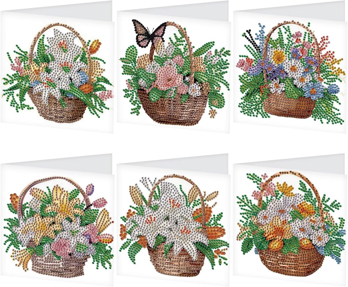 Set van 6 Diamond Painting wenskaarten, bloemenmand, lelies, diamond painting kaarten, verjaardagskaarten, bedankkaart, zegenkaart, feestdagkaarten, borduurwerk, kruissteek, diamantschilderij
