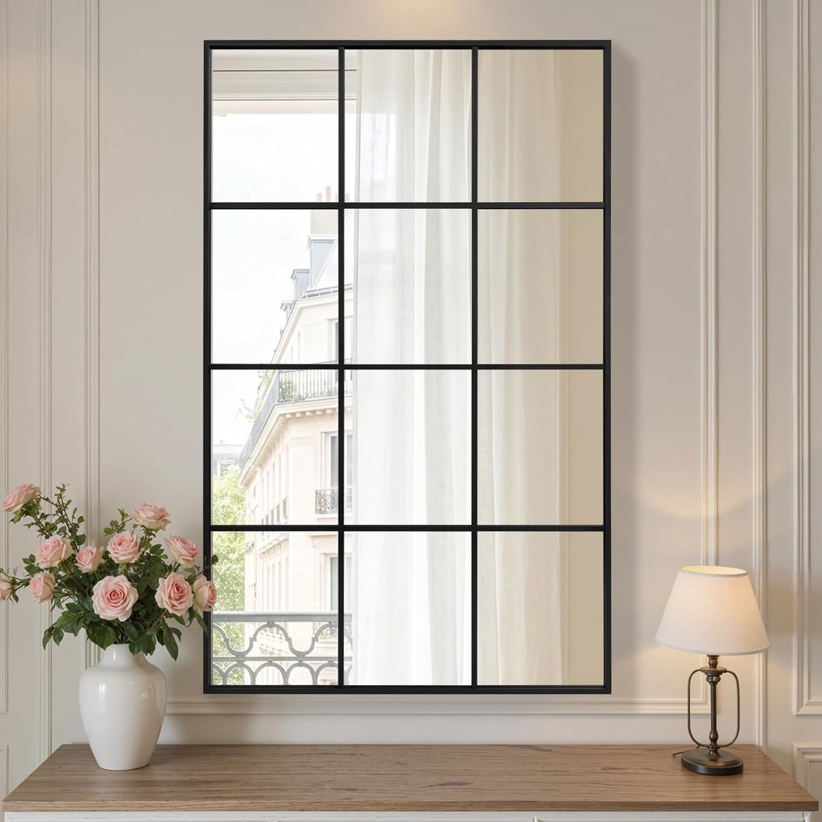 Tuinspiegel, 100 x 75 cm, decoratieve wandspiegel, raamspiegel met aluminium frame voor hal, woonkamer, slaapkamer, entree, zwart