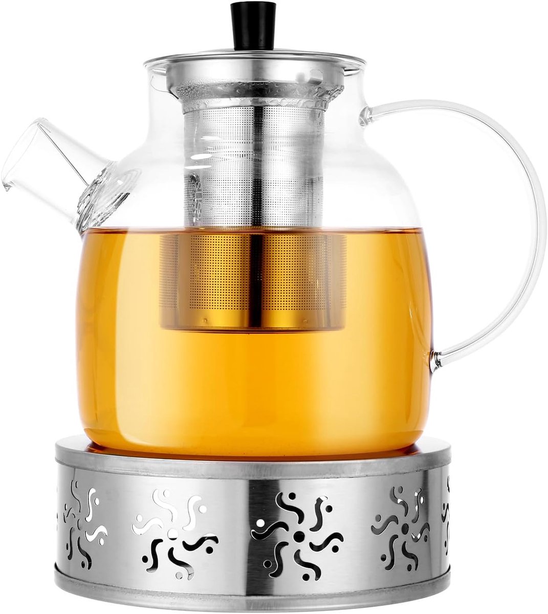 Glazen theepot van 1,5 liter, met zeefinzet, warmer, 1500 ml, BPA-vrij borosilicaatglas en roestvrij staal, magnetron- en vaatwasmachinebestendig