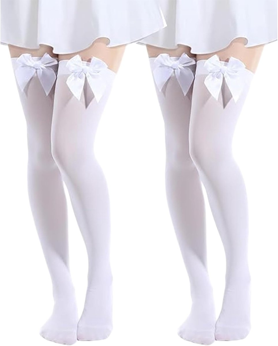 Kousen Dames, 2 Paar Lange Kousen voor Vrouwen, Elegante Kniestukken met Strikjes, Overknee Kousen voor Halloween & Kostuums