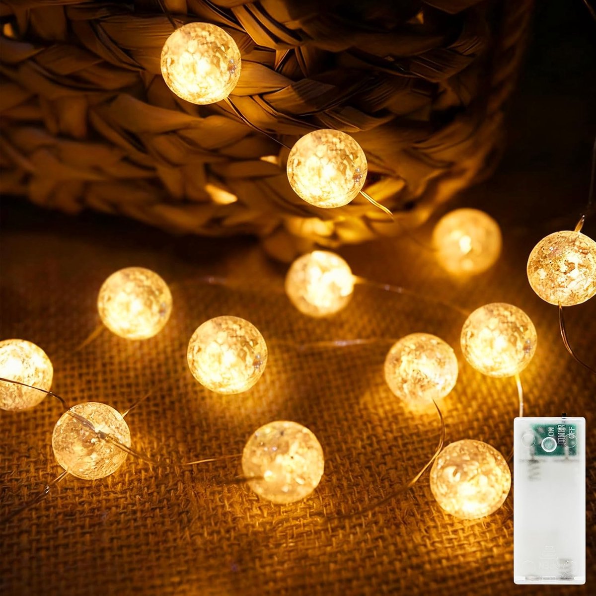 lichtsnoer met kristal bollen, 2 m, 20 LED kristalbollichtsnoer op batterijen met timer, knetterende bollen lichtsnoer voor binnen voor Kerstmis, bruiloft, slaapkamer, feestdecoratie