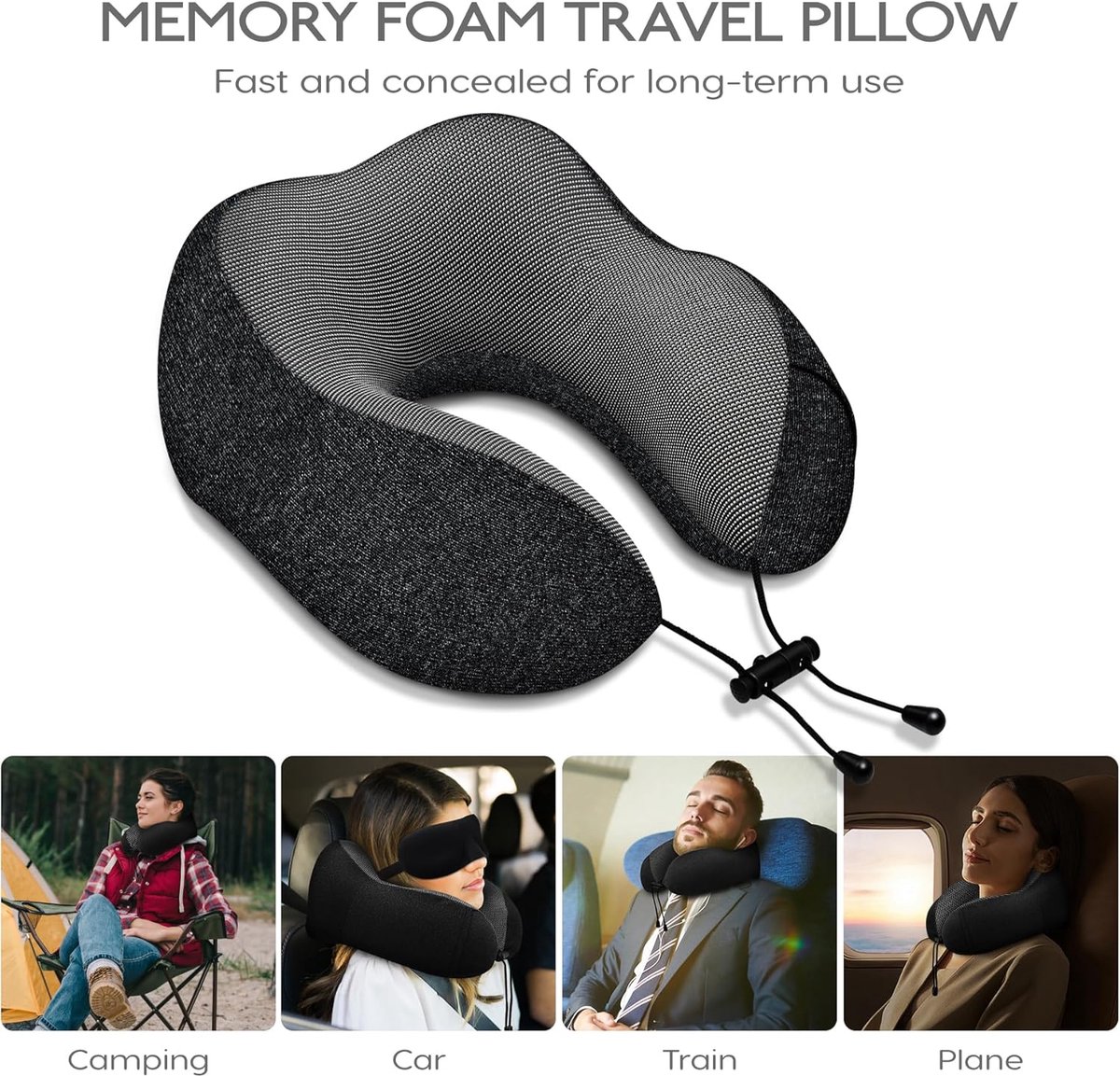 Reiskussen, nekkussen, traagschuim, ergonomisch, draagbaar, met slaapmasker, oordopjes, tas, perfect voor vliegtuig, auto en trein