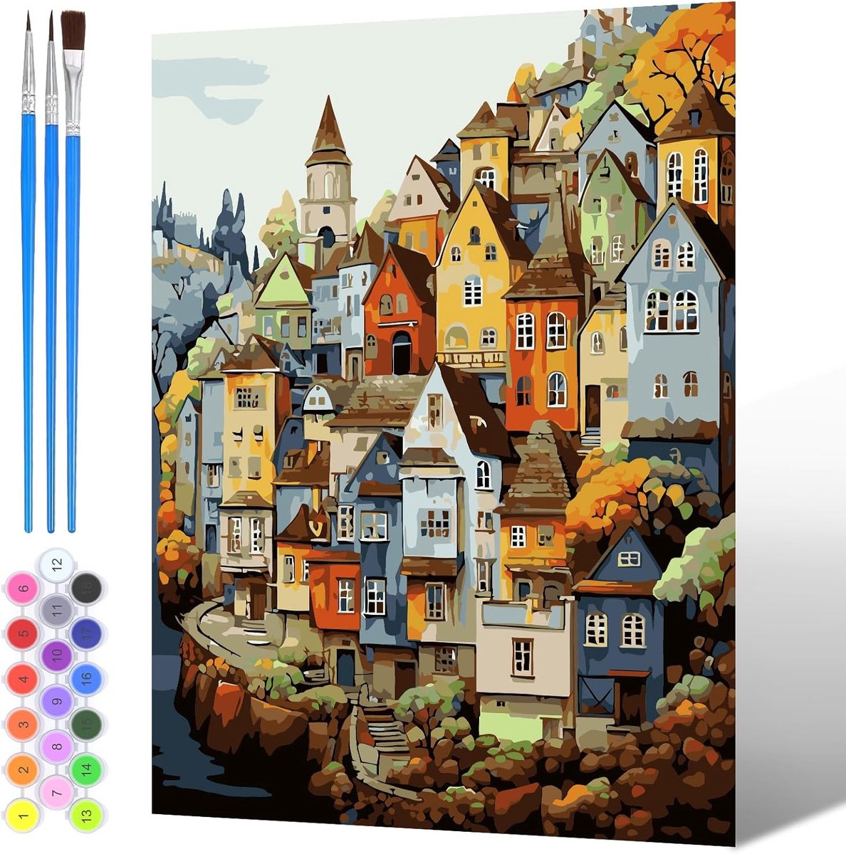 Huis Schilderen op Nummer voor Volwassenen, Schilderen op Nummer Gebouwen voor Kinderen met Penselen Pigment voor Beginners Jongens Meisjes Cadeau Woondecoratie 30x40cm