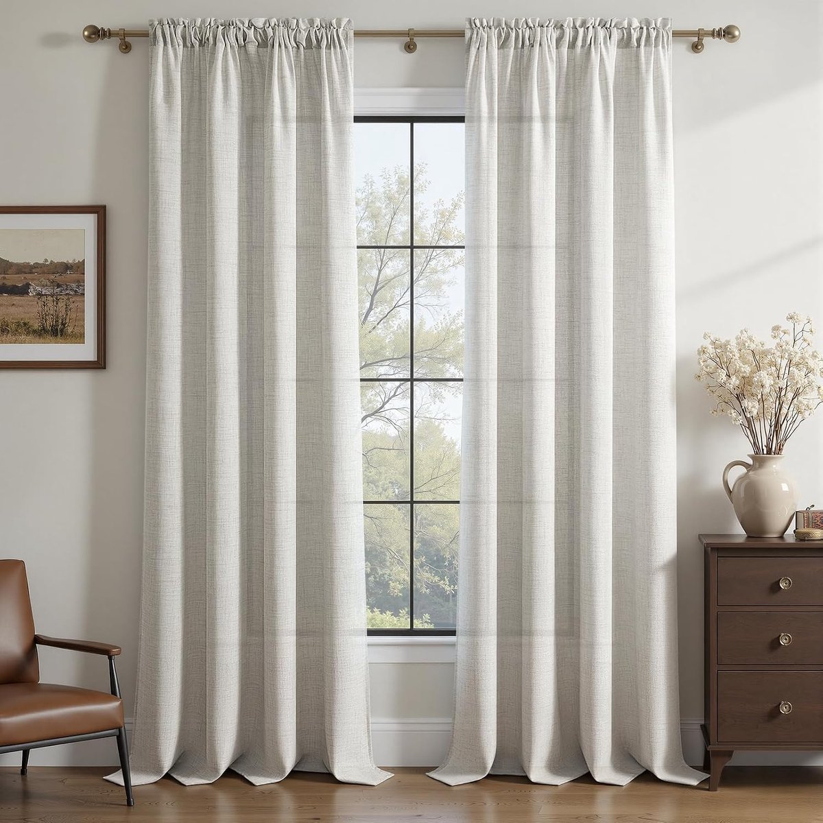 Linnengordijnen ivoorwit met stangdoorgang linnenlook gordijn halftransparant set van 2, 240 cm lang, 140 cm breed, moderne gordijnen voor woonkamer slaapkamer binnendecoratie raam