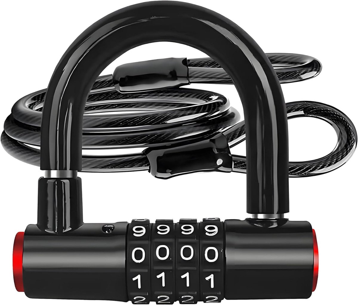 Fietsslot set: 4 digitale combinatie U-slot & 4 ft x 1/2 inch flexibele stalen verzegelde lus uiteinden kabel, zware anti-diefstal U-slot voor racefiets, elektrische fiets, mountainbike