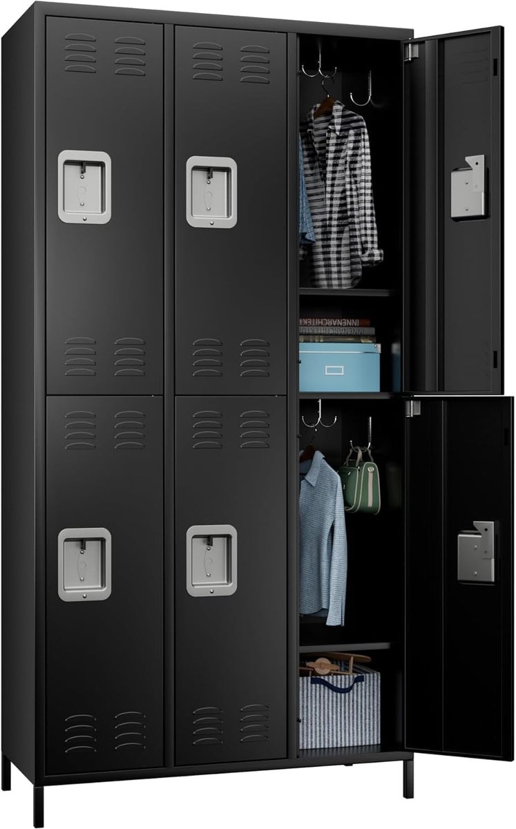 Metalen kast met 6 vakken, metalen kast met luchtopeningen voor medewerkers, fitnessstudio, school, kantoor (zwart)