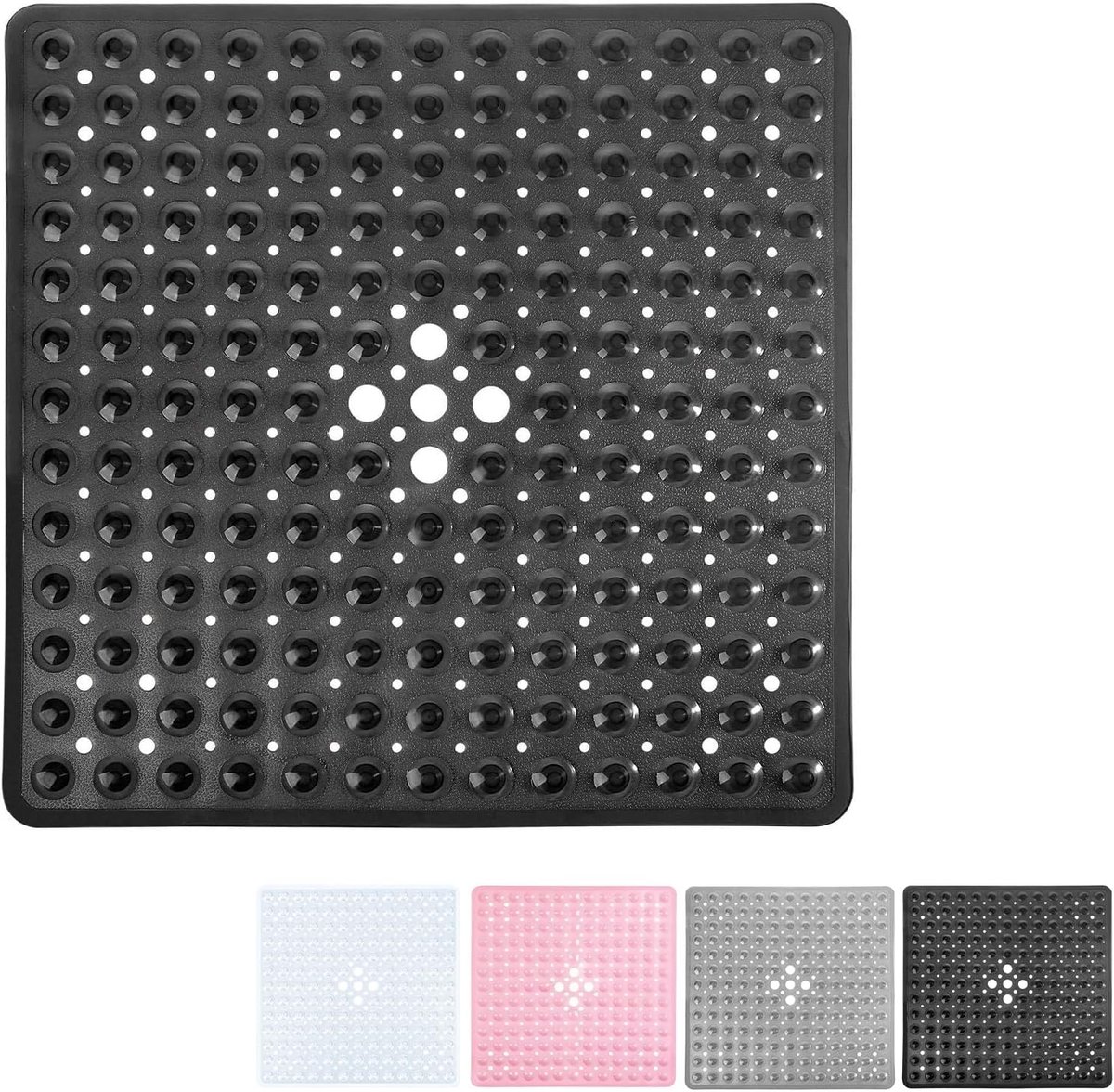 Douche Badmat 53x53cm, Extra Vierkante Douchemat Anti-Schimmel Badmatten Zwart, Antislip Badmat voor Bad, Douchematten met Zuignappen, Afvoergaten, Machinewasbare Badkamer Badkuip voor Kinderen