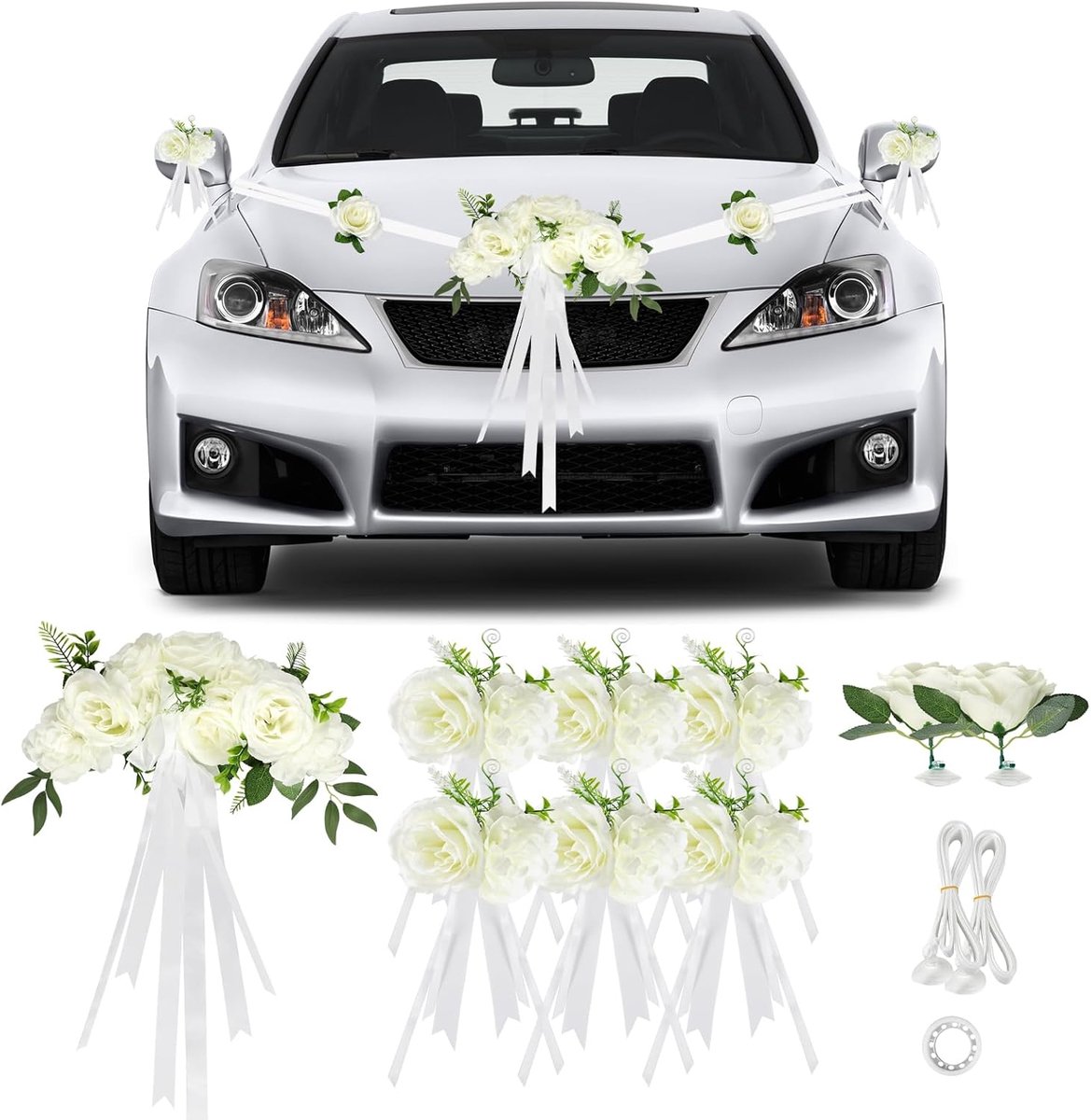Decoratie voor trouwauto in wit, set voor PKW-ceremonie met 9 rozen, zuignappen, 2 x 4,4 m linten en 1 kleefband, voertuigdeco voor bruiloft en feest