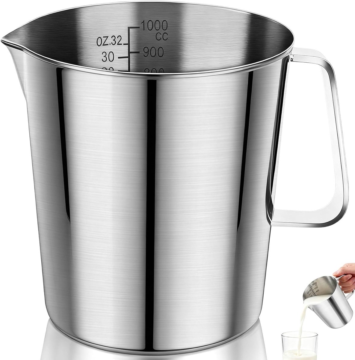 1000 ml 304 roestvrij stalen maatbeker met markering en handvat, voor thuis en keuken, melkopschuimbeker voor thuis, keuken, melkopschuimbeker voor koffie, latte, espresso