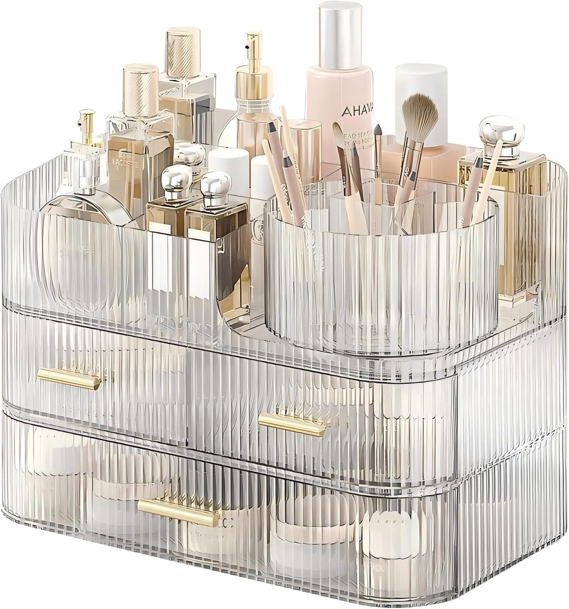 Make-up organizer met laden en roterende make-up borstelhouder, grote capaciteit stapelbare cosmetische organizer aanrecht, badkamer organisatoren en opslag, make-up organisatoren voor