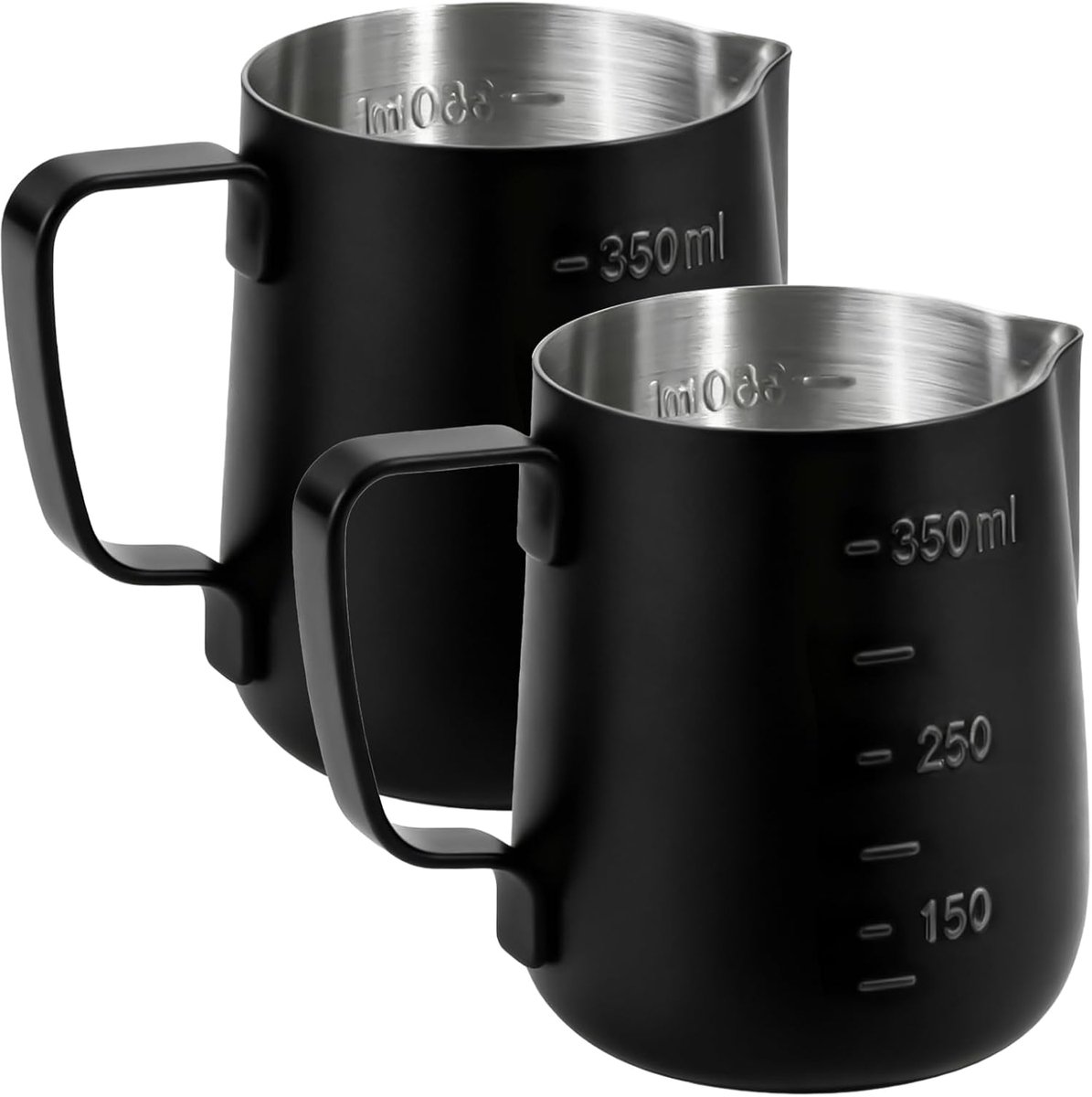 Melkkannetjes, roestvrij staal, 350 ml, melkschuimkannetje met meetmarkeringen, koffiecream-opschuimer voor latte, cappuccino, espresso, macchiato, barista, zwart, 2 stuks