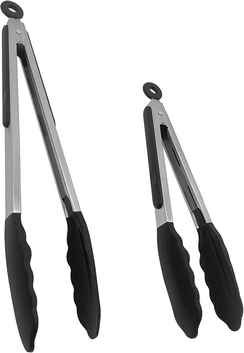 premium keukentang van roestvrij staal met vergrendeling en siliconen tip set van 2 tangen van 26 cm en 33 cm voor grill en keuken (zwart)