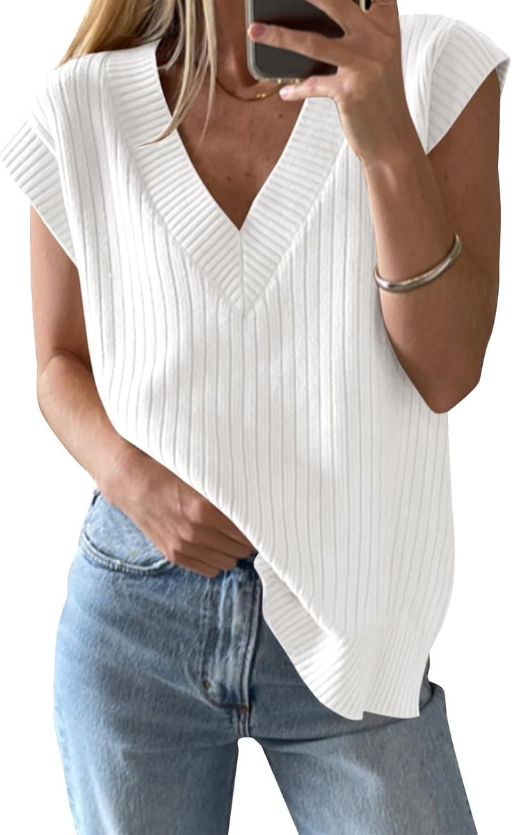 Dames V-hals pullover vest oversized mouwloos tanktops lichtgewicht gebreide trui zomer elegant bovendeel