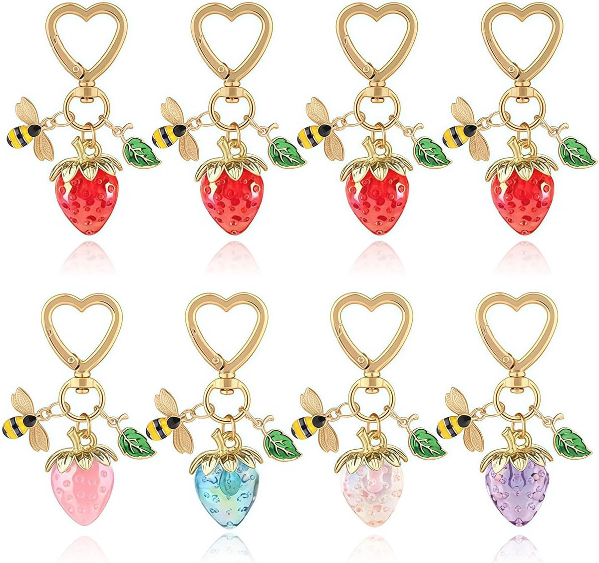 8 stuks Mini Aardbei Sleutelhanger & Kawaii Hart Tasbedel, Aardbeien Sleutelhanger met Bij en Groen Blad voor Tas en Dames