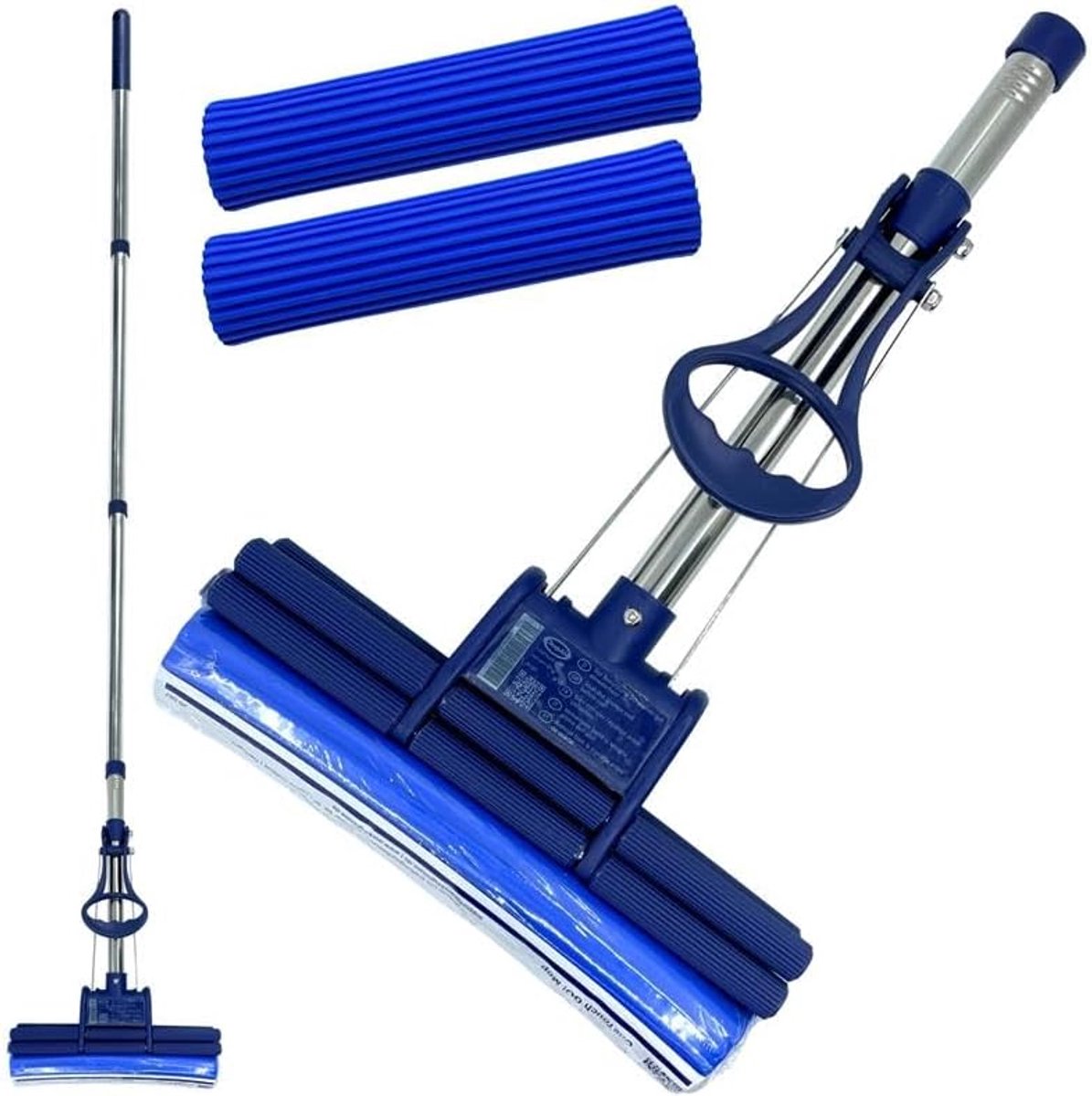 GO! Dweilmop van roestvrij staal, segmentsteel, 2 x PVA-sponsdop, one-touch uitwringfunctie, streepvrij voor laminaat, parket en tegels, hygiënische vloerwisser zonder emmer