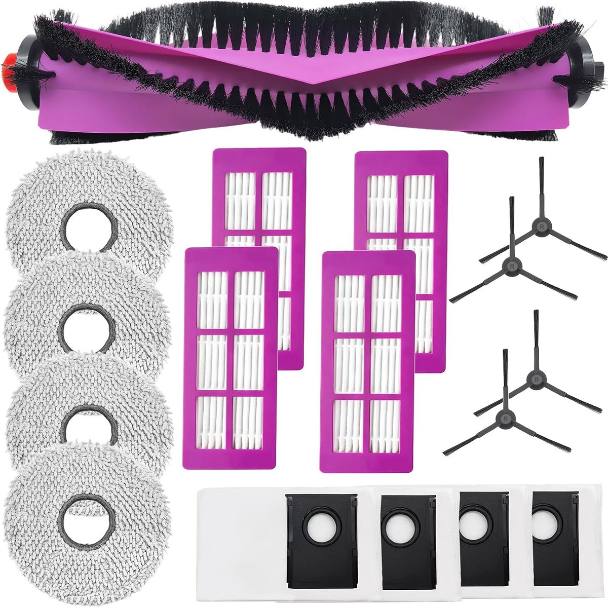 Reserveonderdeel voor Eureka J15 Pro Ultra robotstofzuiger, 1 hoofdborstel, 4 stofzakken, 4 reinigingsdoeken, 4 filters, 4 zijborstels