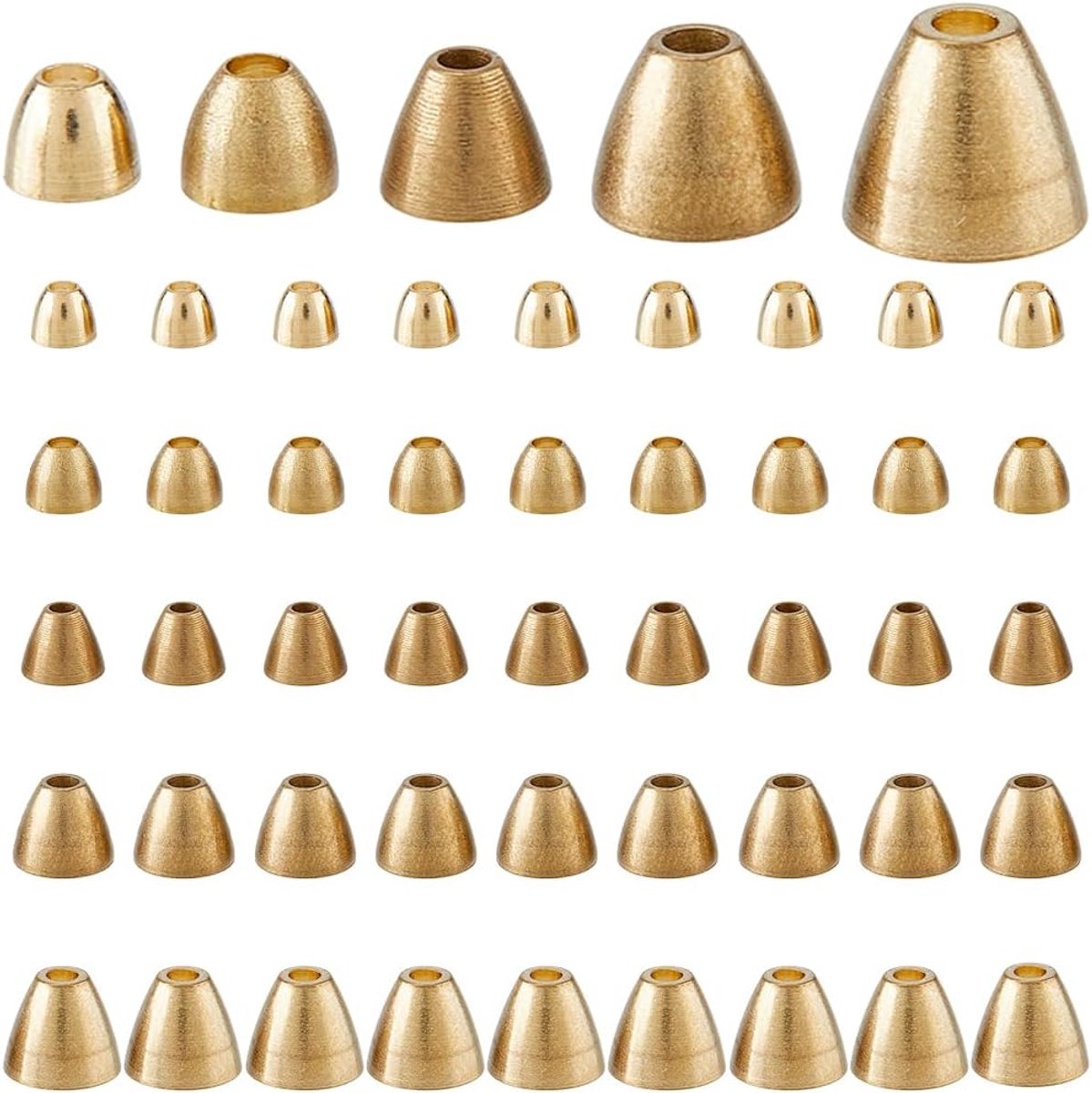 50 stuks 5 stijlen wolfraam kralen met conische uiteinden van goudkleurig messing voor vliegmontage, wolfraam gleufkralen voor vliegvissen