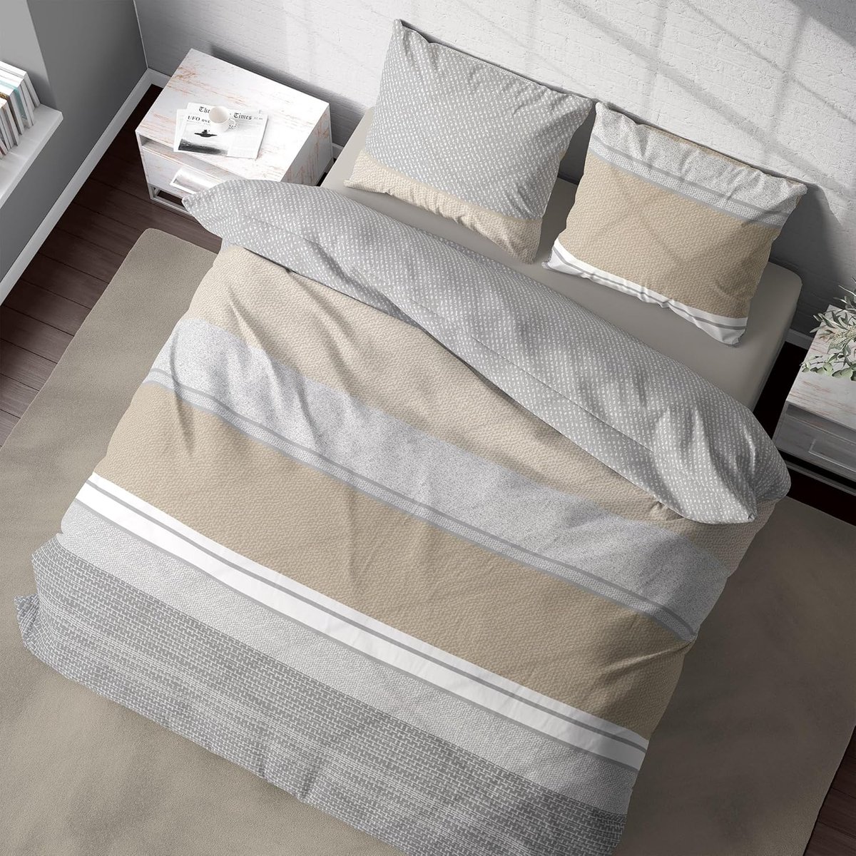 beddengoed 200 x 200 cm, 100% katoen, Öko-Tex gecertificeerd, renforcé, ademend en hypoallergeen, met ritssluiting, 3-delig, dekbedovertrek + 2 x kussensloop 80 x 80 cm, grijs, bruin
