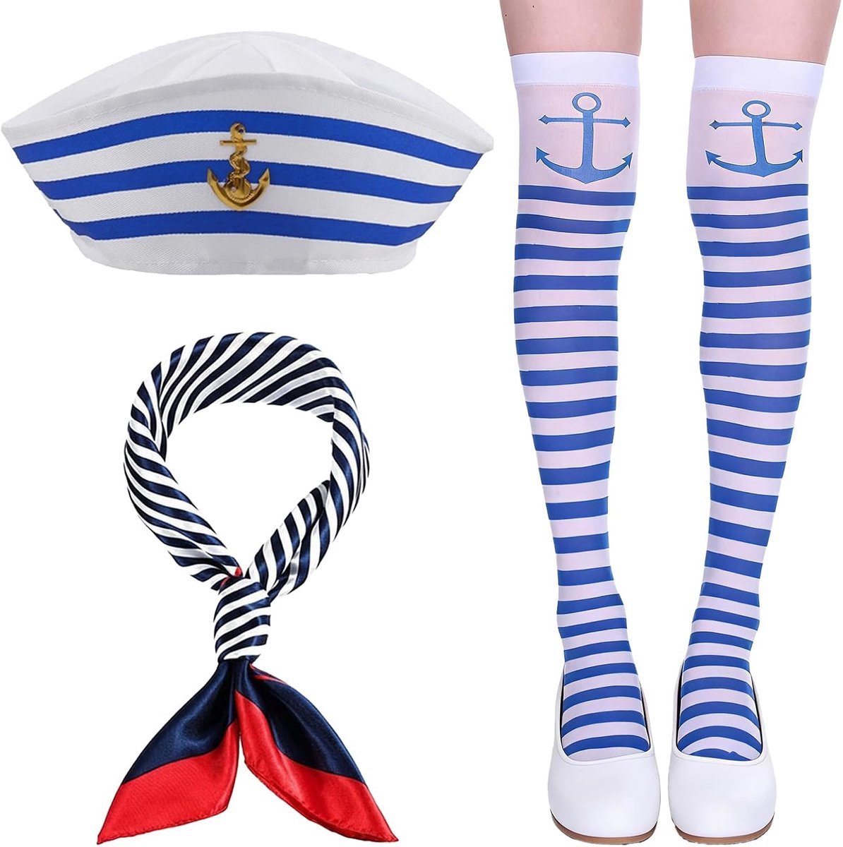 kostuumset, marinestijl met matrozenmuts, blauw-wit gestreepte kousen en marine zijden sjaal, nautische accessoireset voor verkleedpartijen