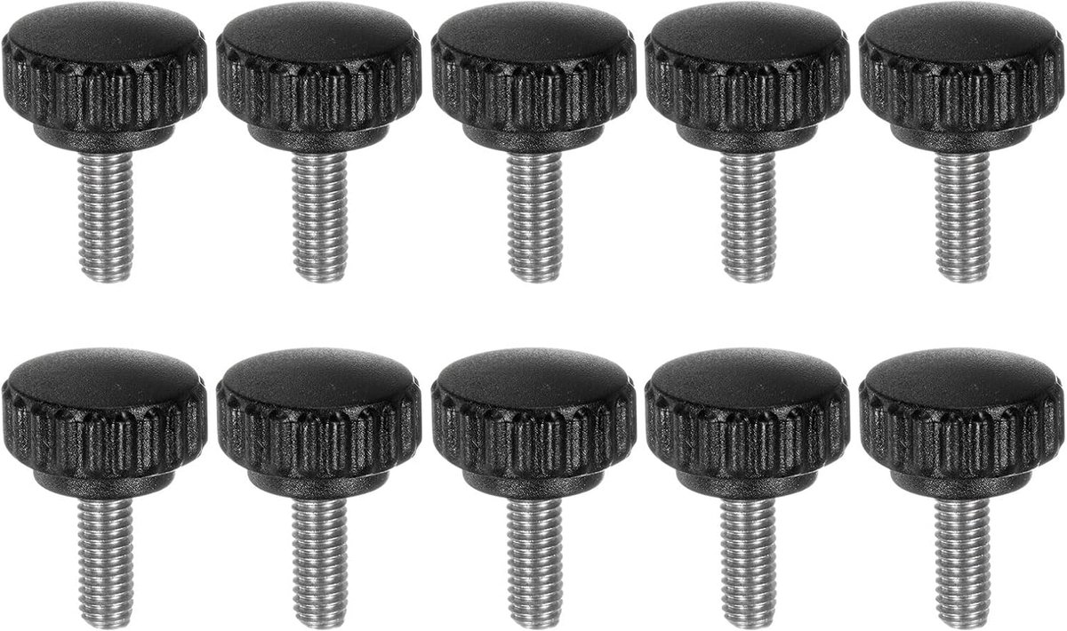 10 stuks gekartelde spanknoppen, duimschroeven, M6 x 16 mm, metrische buitenschroefdraad, 22 mm, matte kunststof kop, 304 roestvrij staal, pen, handschroefdraadknop, duimschroefgreep, zwart