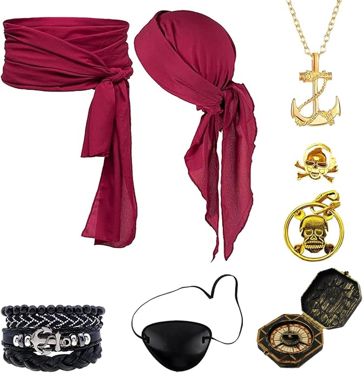 8 Delige Piratenaccessoireset met Hoofddoek, Heupsjaal, Oogmasker, Ketting, Oorbellen, Ring, Armband, Komen Heren voor Halloween, Carnaval en Piratenfeest