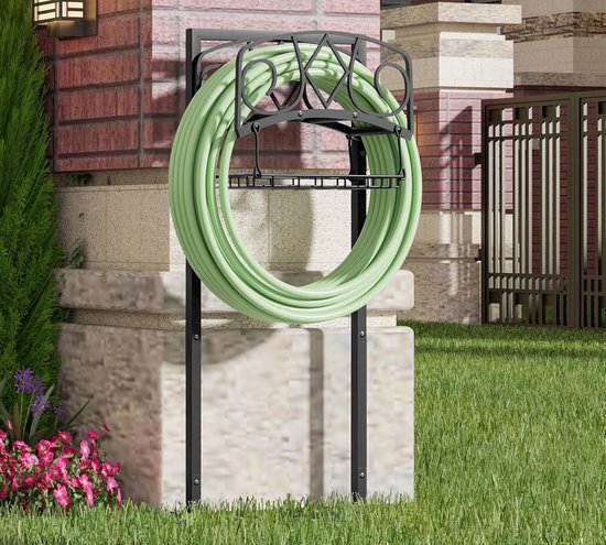 tuinslangorganizer met zwarte gepoedercoate afwerking - Heavy-Duty afneembare slangstandaard voor 150FT slang, inclusief opbergmand en montagegereedschap voor buitengebruik — afbeelding 3