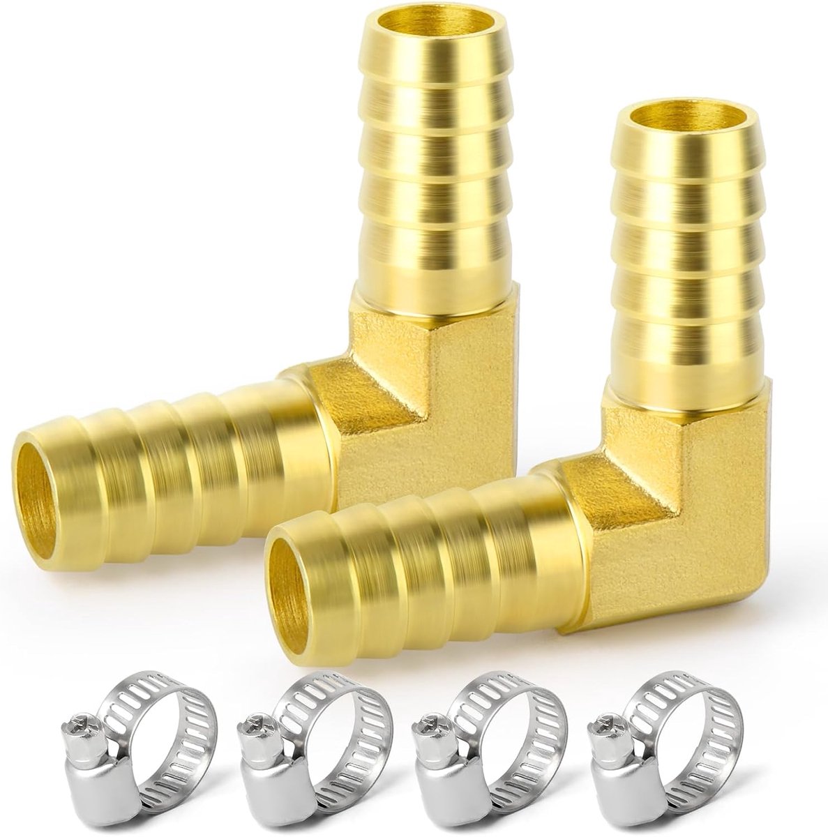 2 Stuks messing slangpilaar verloopstuk, 4mm Inch naar 4mm Inch slang ID 90 Graden L haakse bocht met 4 slangklemmen, messing barber verloopstuk SPLICER Fitting