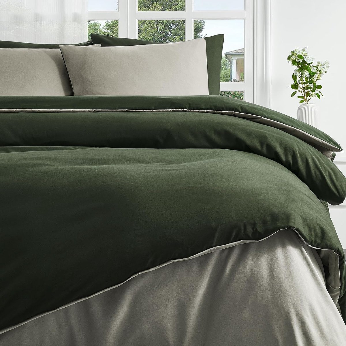 bed linnen 200x200 3-delige olijfgroen/beige bed linnen sets microfiber Öko-tex wend bed linnen 200 x 200, zacht en ijzervrij 1 bedklep 200x200 + 2 kussenslopen 80x80cm met rits