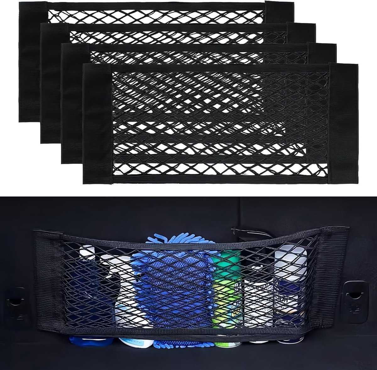 4 stuks auto mesh vrachtnet, elastisch opbergnet, magische zelfklevende elastische snetten, 40 x 25 cm mesh opbergtas, auto kofferbak netten, universele mesh pocket organizer voor auto's, vrachtwagens