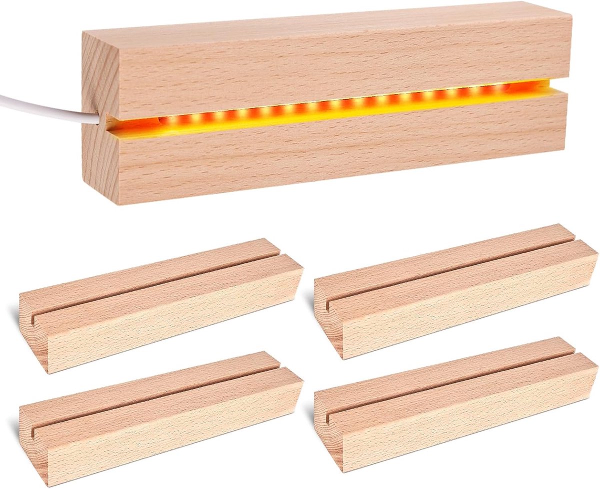 sokkel, 4 stuks, verlichte basis van hout, led, houder voor acryl, kristal, glas (15 cm, warme kleur)