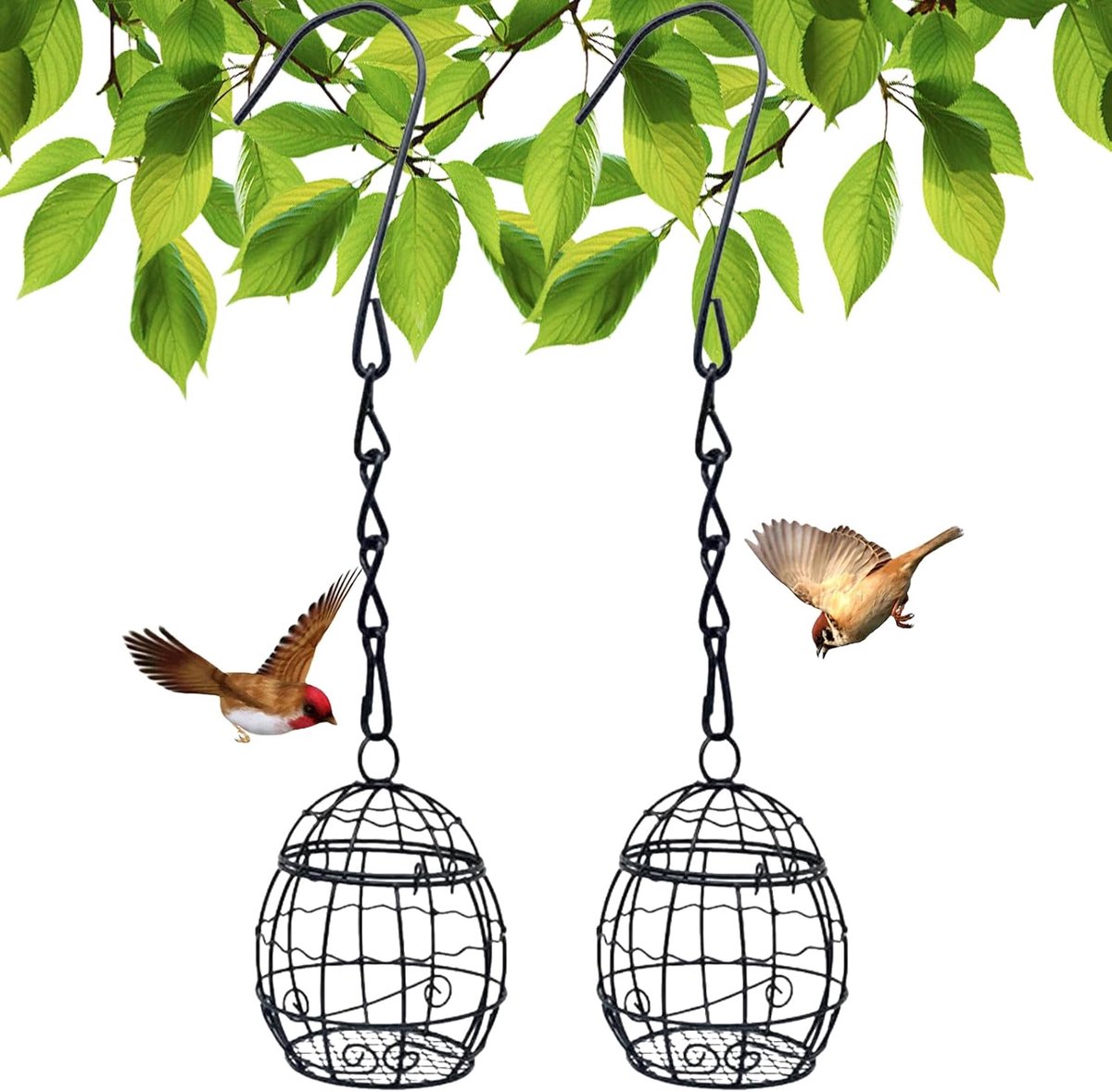 Vogelvoeder,2 stuks zwarte metalen vetbal vogelhouder met S-vormige haken, vogelvoeders ophangstation voor buiten, tuin, wilde dieren, vogels, vink, mus, roodborstje