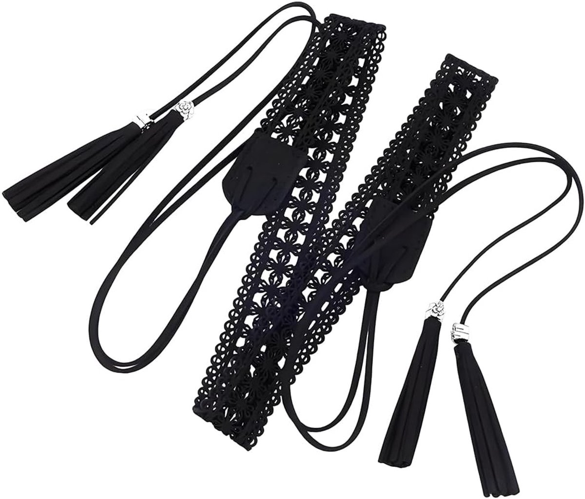 169 x 2,85 cm PU Lederen Boho Gevlochten Kwastje Riem Vintage Bohemian Hollow Geknoopt Tailleband