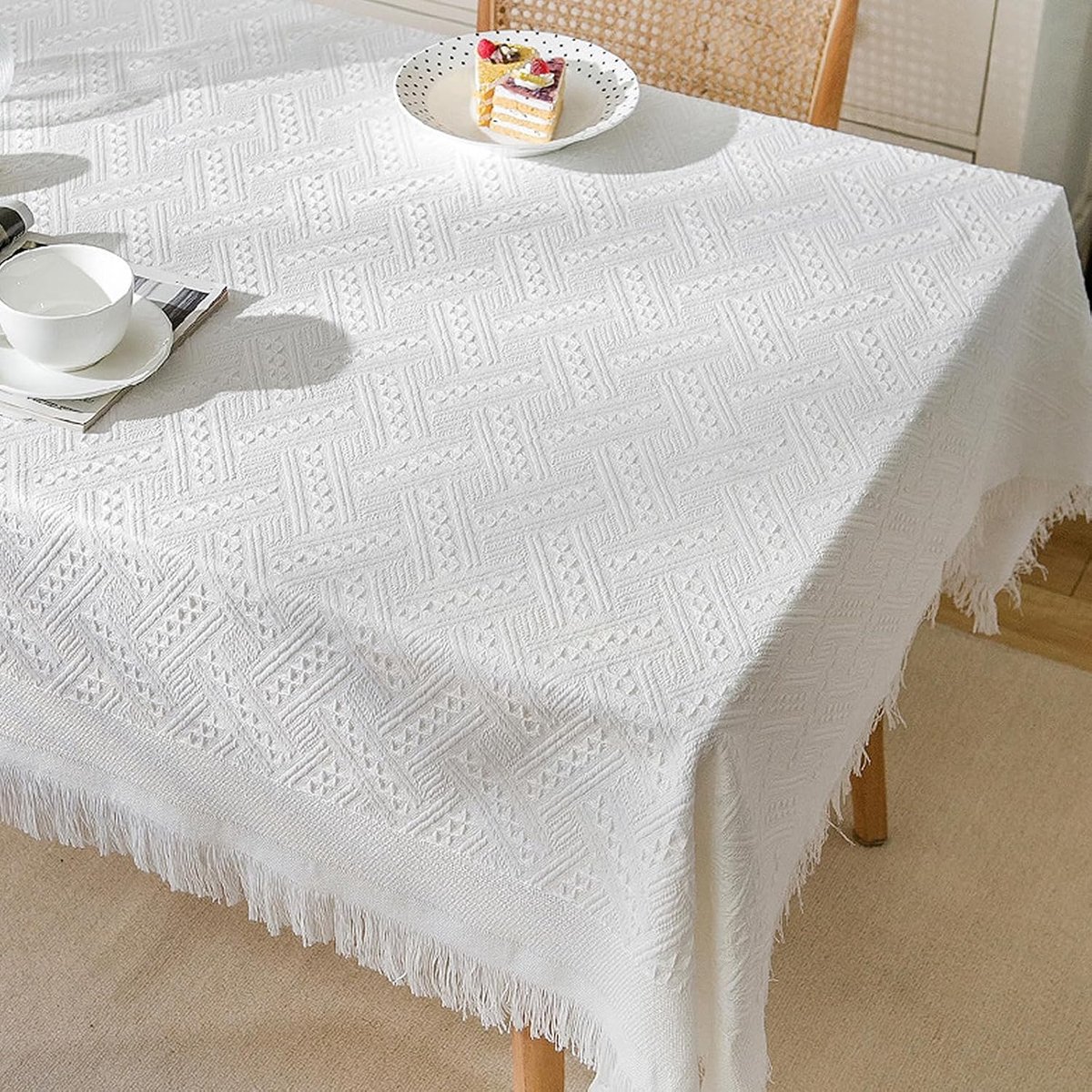 tafelkleed, 90 x 150 cm, wit, rechthoekig, katoen en linnen, met kwastjes, voor buiten, thuis, eetkamer, keuken, buiten, Kerstmis, feest, verjaardag