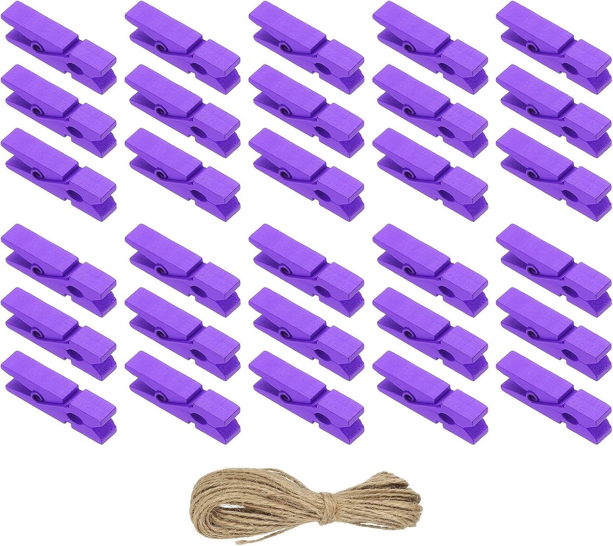 Wasknijpers van hout, 50 stuks, kleurrijke mini-wasknijpers van hout, met jute touw, sterke grip, fotoclips voor het ophangen van kleding, knutselen, paars