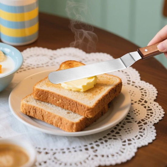 steakspatel en gebogen taartpalet, grillspatel en hoekpalet met houten handgrepen, robuuste metalen spatel voor taartdecoratie, koken en grillen, 3 stuks — afbeelding 5