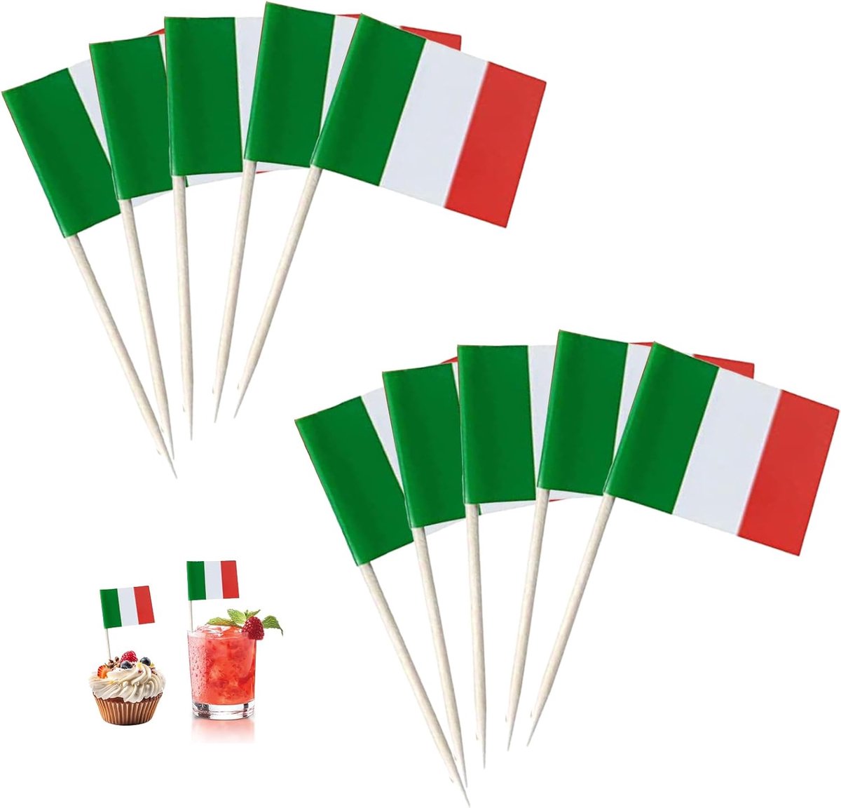 100 stuks Italiaanse decoratie, Italiaanse decoratie, Italiaanse vlag, tandenstokers vlaggen, tandenstokers met vlaggen (Italiaans)
