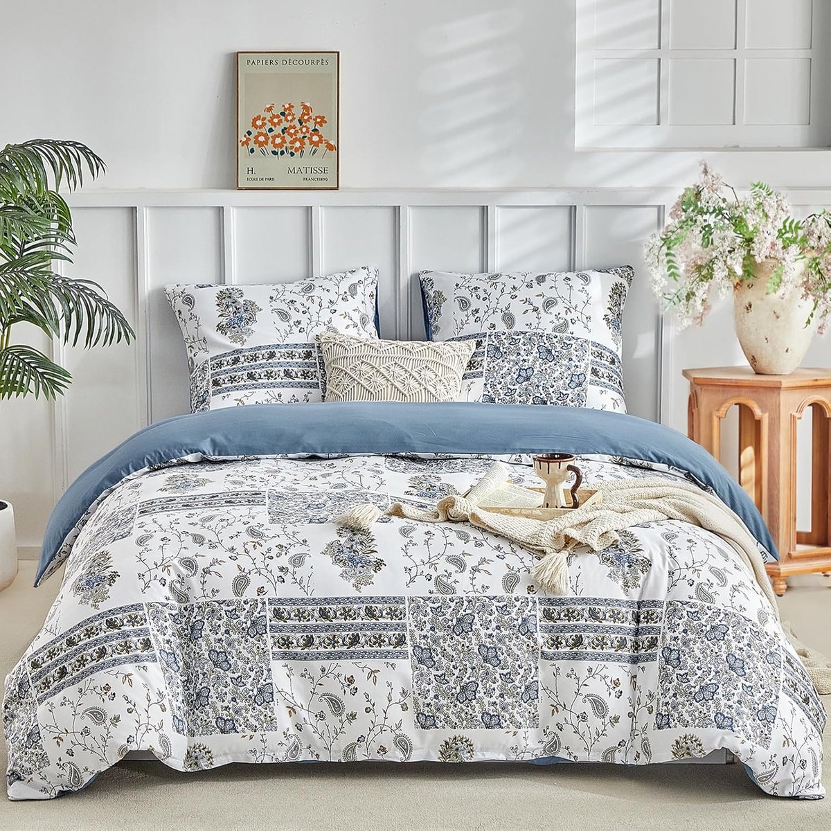 Beddengoed 200x200 3-delig - Patchwork bloemenpatroon Bohemi - microvezel dekbedovertrek 200x200 voor tweepersoonsbedden met 2 kussenslopen met ritssluiting 80x80, blauw